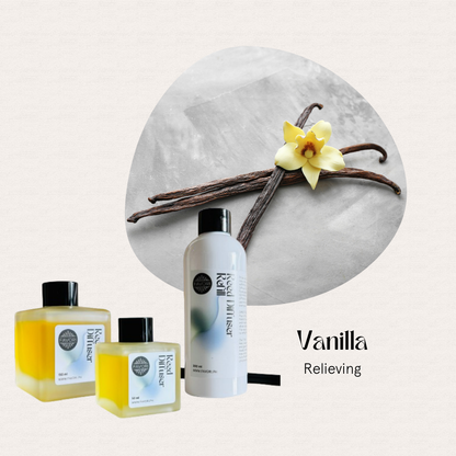 FAVORI Scents Vanilla Trio Reed Diffuser (TRD) with pods and yellow flower on a light background.