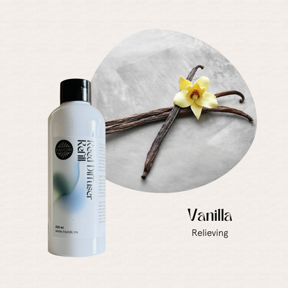 A FAVORI Scents Vanilla Reed Diffuser Refill (RDR) sits beside vanilla pods and a flower.