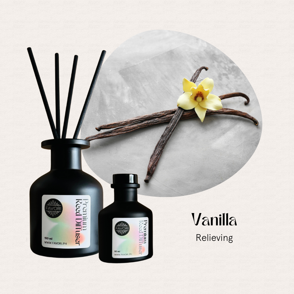 FAVORI Scents Vanilla Premium Reed Diffuser (PRD) with vanilla pods and yellow flower for lasting fragrance.
