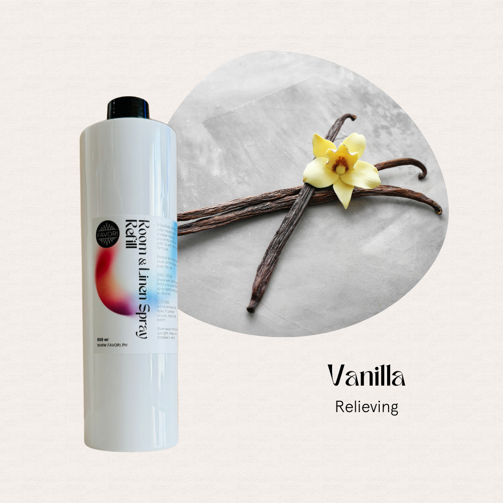 A 500ml FAVORI Scents Air Spray Refill sits beside pods and a flower, labeled Regular Room & Linen scent.