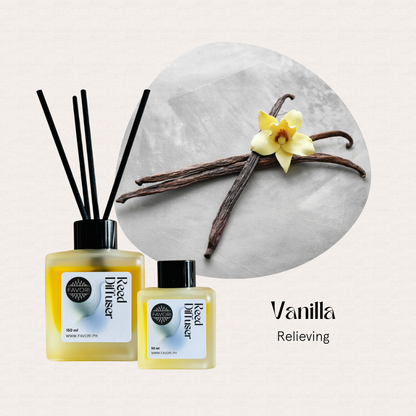Two FAVORI Scents Vanilla Regular Reed Diffusers (RRD) offer a long-lasting aroma on a light background.