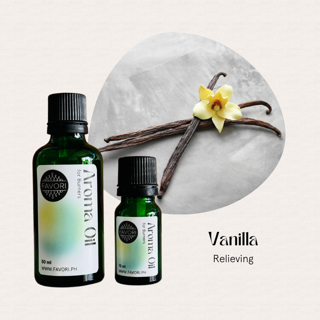 Two green Burner (BR) Aroma Oils by FAVORI Scents with vanilla pods and a vanilla flower in the background.