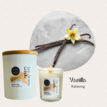 FAVORI Scents All Occasion: premium soy candles with vanilla bean and flower on a light background.