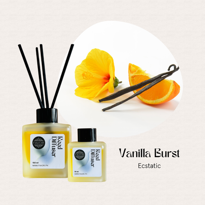 Two Vanilla Burst Regular Reed Diffusers by FAVORI Scents beside hibiscus, orange, and vanilla beans—long-lasting.