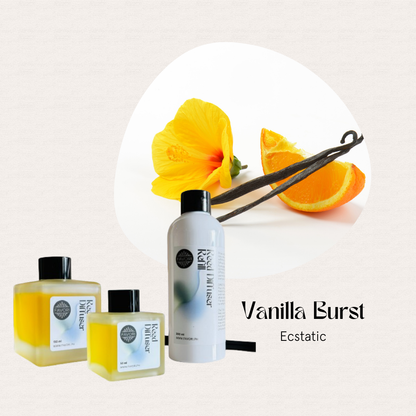 Three bottles with vanilla, orange, and flower backdrop; text: FAVORI Scents Vanilla Burst Trio Reed Diffuser.