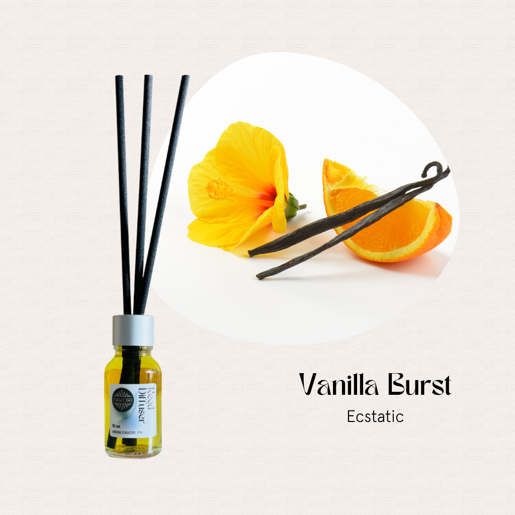 FAVORI Scents Mini Reed Diffusers (MRD) with fiber sticks, hibiscus, orange, and vanilla; Vanilla Burst Ecstatic.