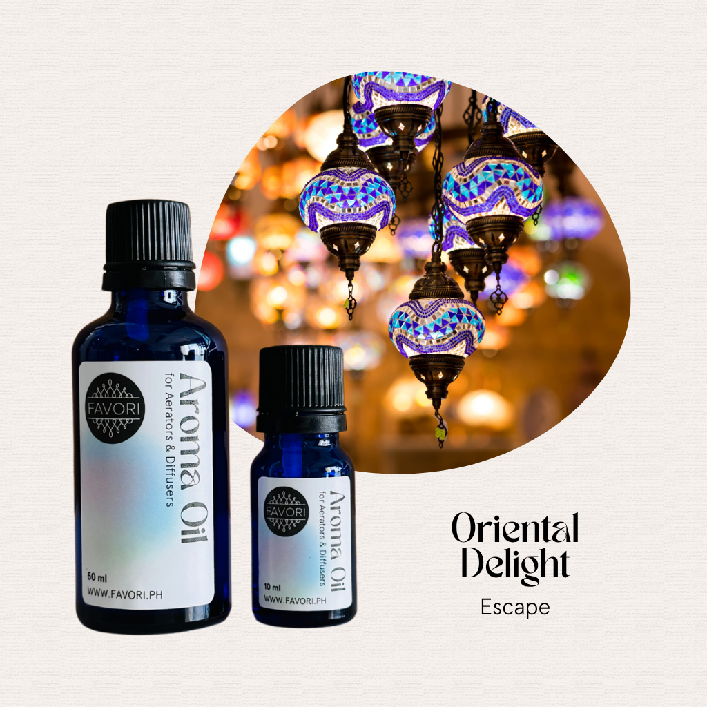 Two bottles of FAVORI Scents Aerator/Diffuser Aroma Oils, Oriental Delight Escape, for a long-lasting scent.