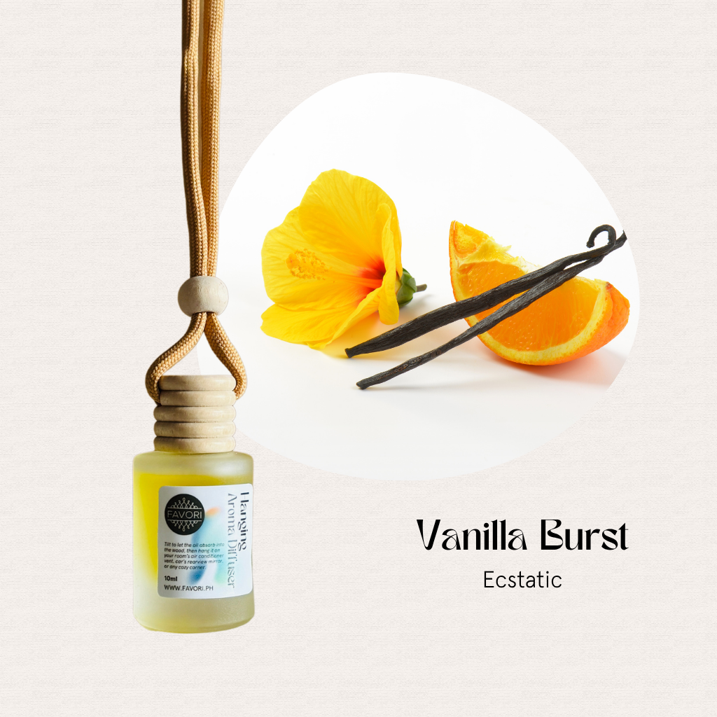 Small bottle with wood cap and cord; FAVORI Scents Hanging Aroma Diffusers in Vanilla Burst.