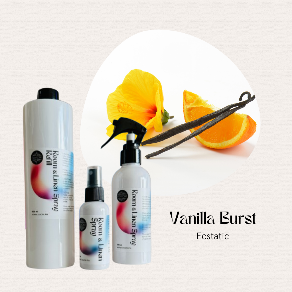 FAVORI Scents Trio – Regular Room & Linen Air Spray with orange, vanilla, and a yellow flower for fresh odor removal.