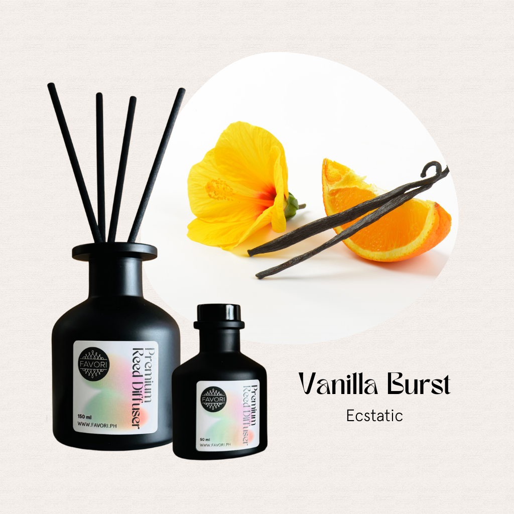 Vanilla Burst Premium Reed Diffuser by FAVORI Scents beside a yellow flower, vanilla beans & orange; lasting aroma.