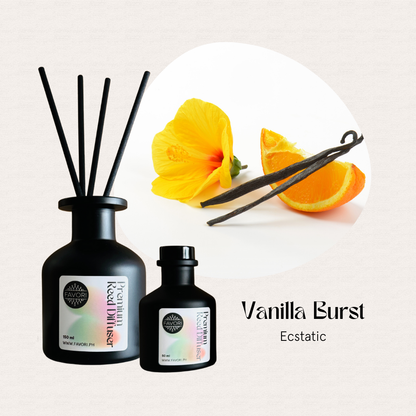 Vanilla Burst Premium Reed Diffuser by FAVORI Scents beside a yellow flower, vanilla beans & orange; lasting aroma.