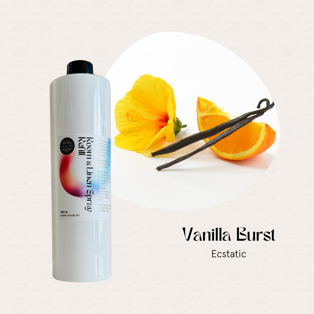 FAVORI Scents Refill – Regular Room & Linen Air Spray 500ml, Vanilla Burst Ecstatic, near hibiscus and orange.