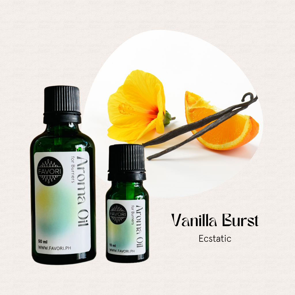 Two FAVORI Scents Burner Aroma Oils, orange slice, yellow flower & vanilla beans—Vanilla Burst Ecstatic.