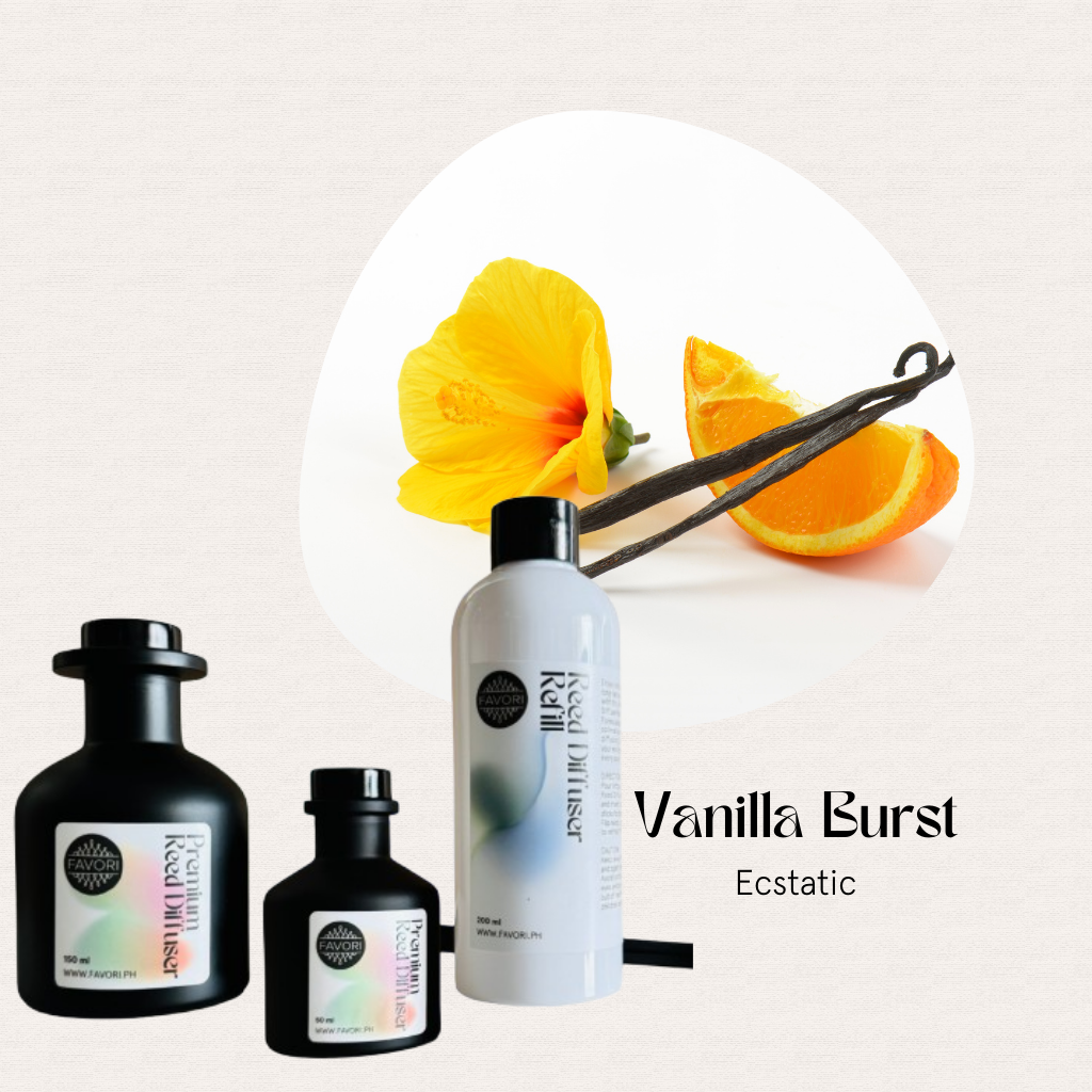 Three FAVORI Scents Vanilla Burst Trio Premium Reed Diffuser bottles with fiber reeds and a yellow flower, orange, vanilla.