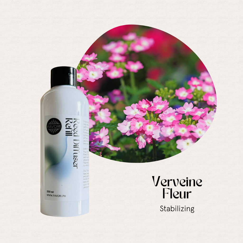 FAVORI Scents Verveine Fleur Reed Diffuser Refill (RDR) offers a long-lasting floral aroma beside blooming verbenas.