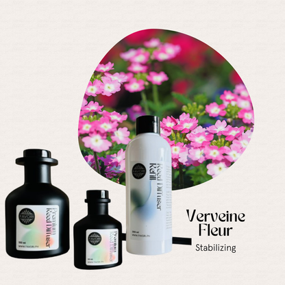 Three FAVORI Scents Verveine Fleur Trio Premium Reed Diffusers (TPRD) with pink flowers in the background.