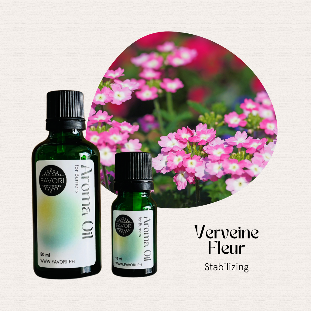Two green FAVORI Scents Burner Aroma Oils with a pink verbena flower photo in the background.