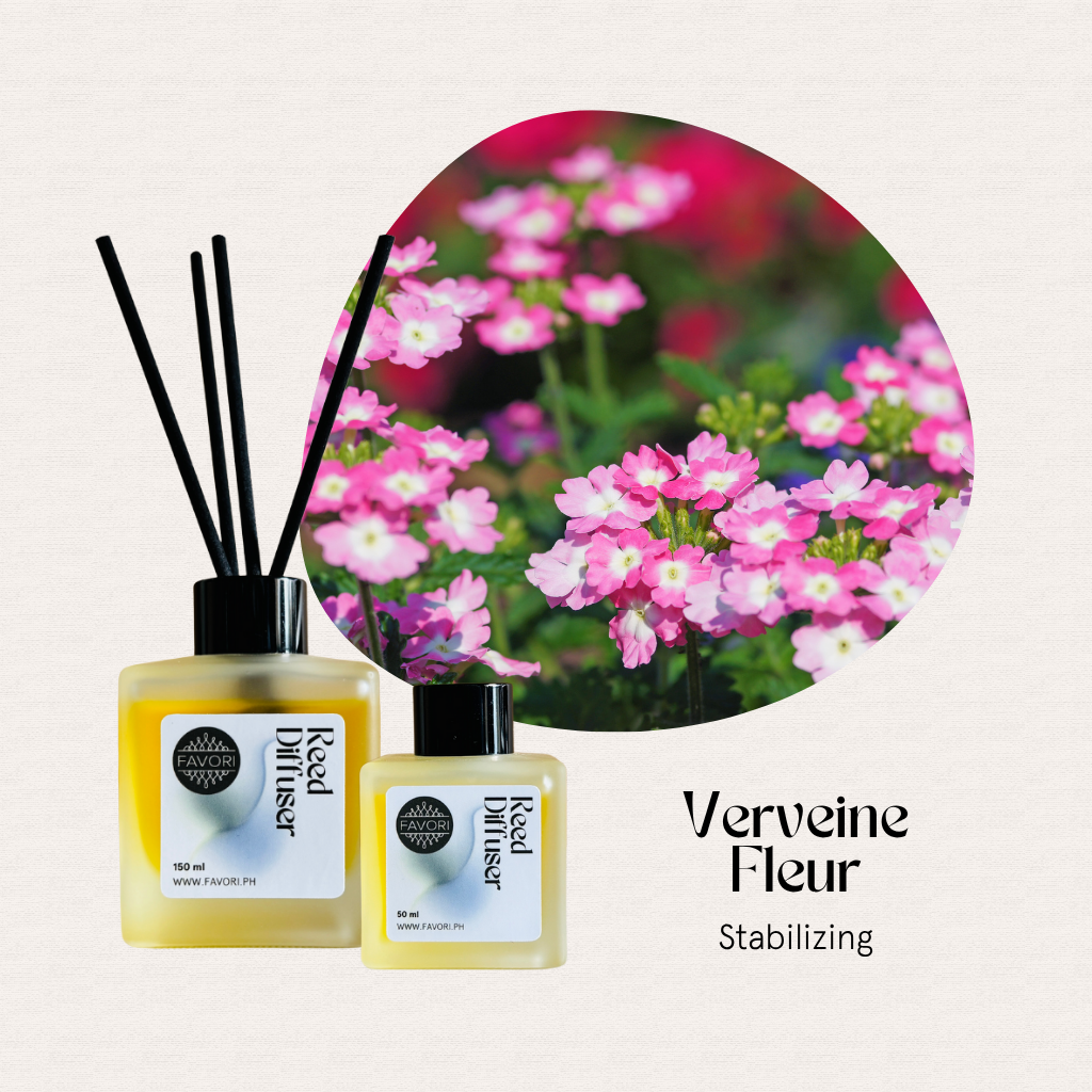 Two FAVORI Scents Verveine Fleur Regular Reed Diffusers with yellow oil in front of Verbena flowers.