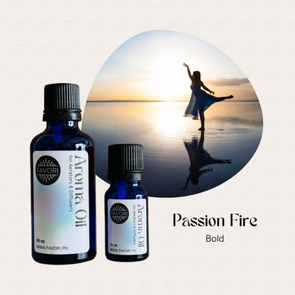 Two FAVORI Scents AD Aroma Oil bottles beside a dancing woman’s silhouette at sunset, labeled Passion Fire Bold.