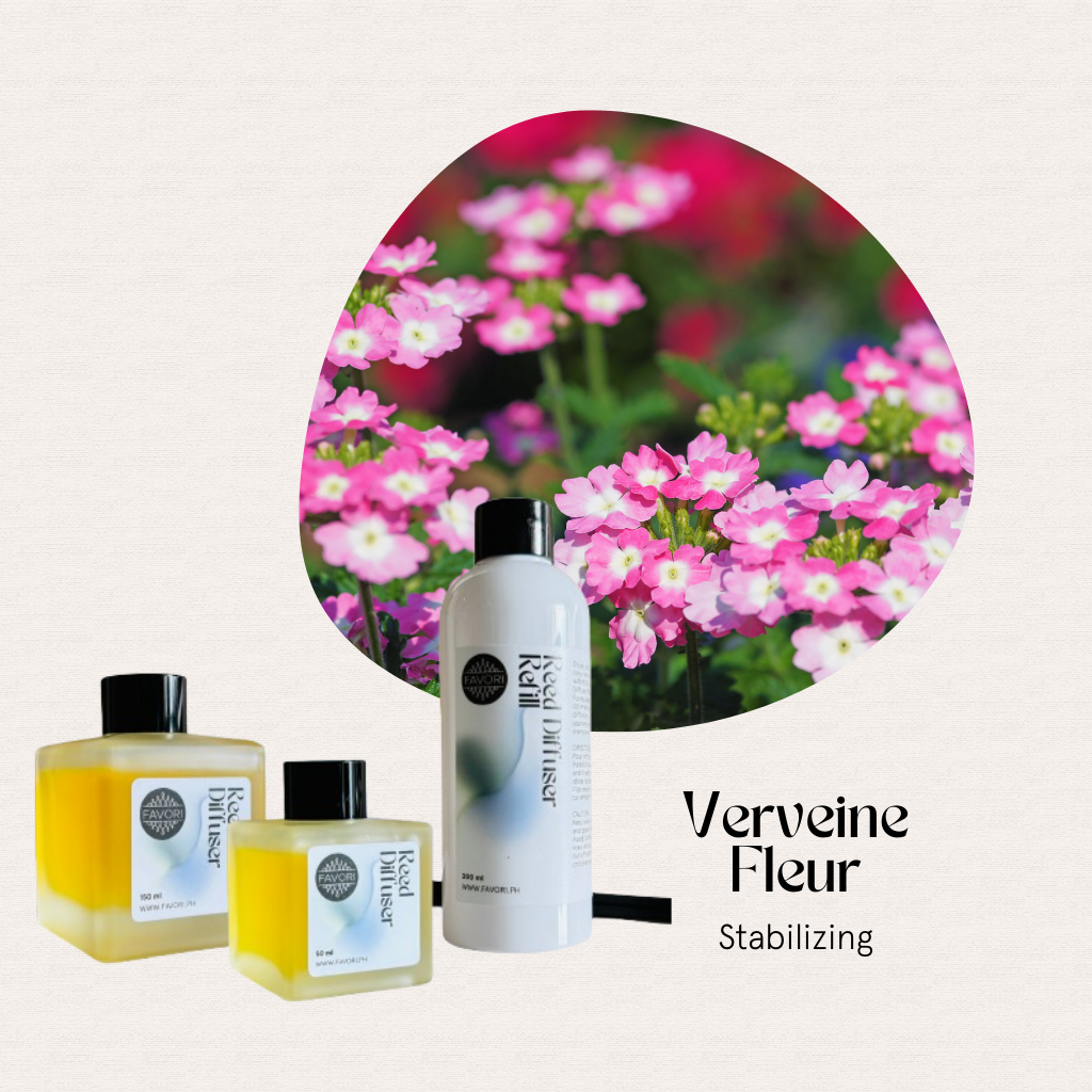 Three Verveine Fleur Trio Reed Diffusers by FAVORI Scents with text: for a long-lasting aroma in your routine.