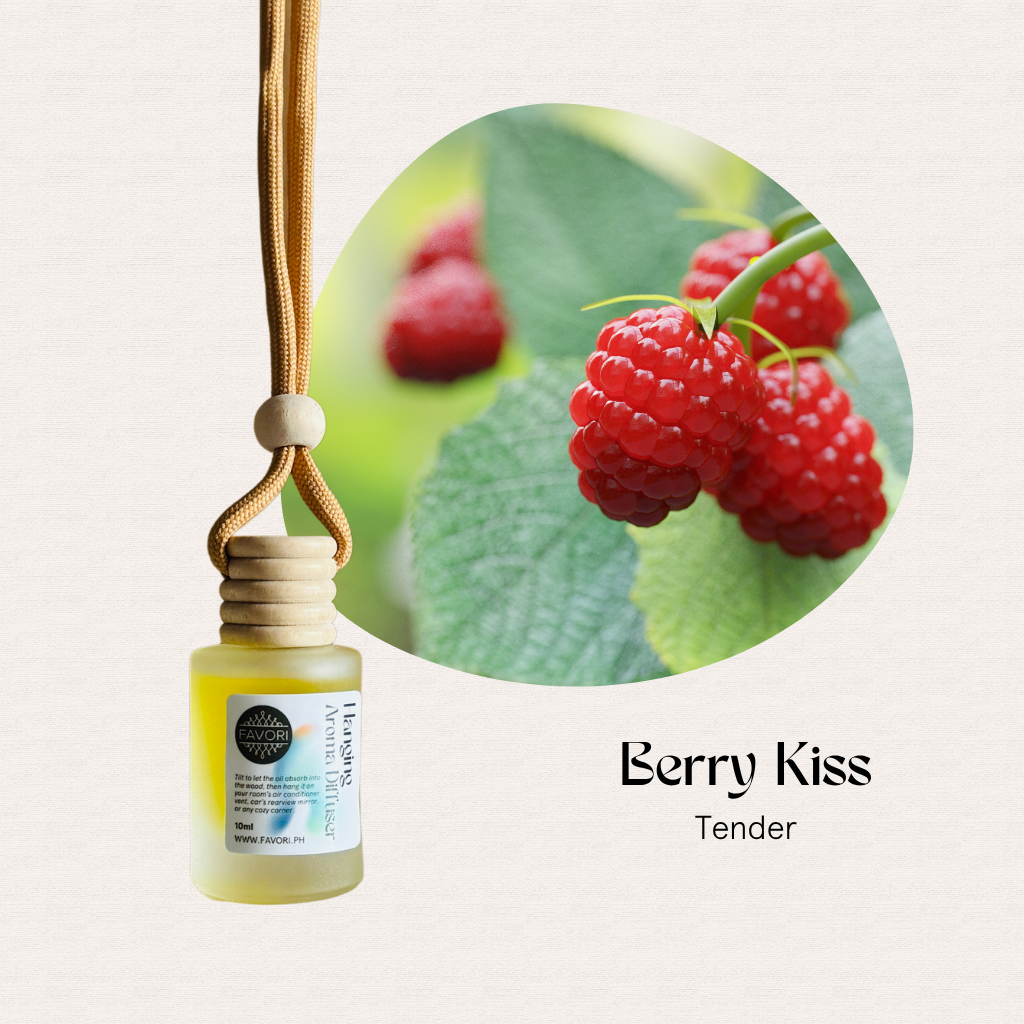 The FAVORI Scents Hanging Aroma Diffuser in Berry Kiss features fresh raspberries on a leafy branch.