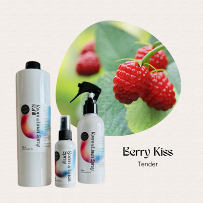 Three FAVORI Scents Trio Room & Linen Air Sprays sit by raspberries, showcasing this anti-microbial spray.