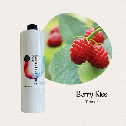 A FAVORI Scents Refill – Regular Room & Linen Air Spray 500ml sits by raspberries; Berry Kiss Tender label.