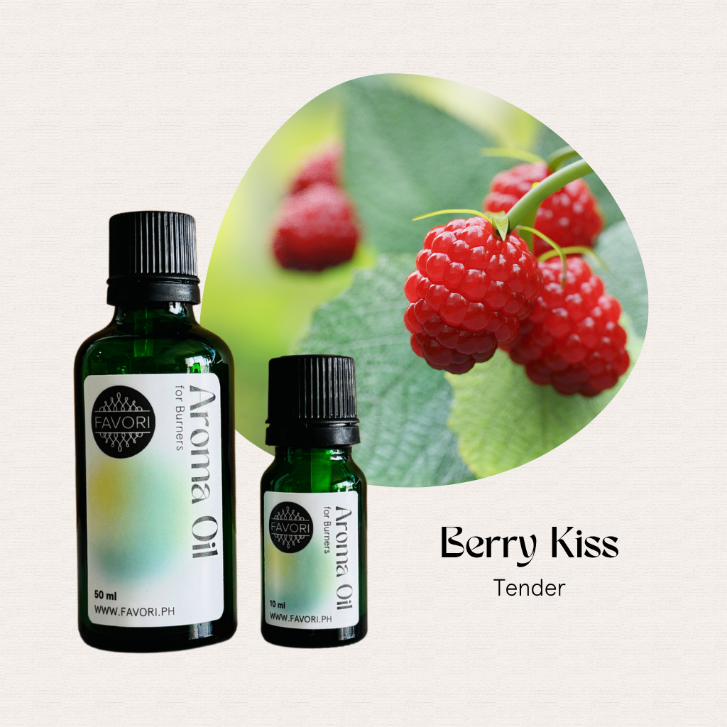 Two bottles of FAVORI Scents Burner Aroma Oils with raspberries and green leaves in the background.