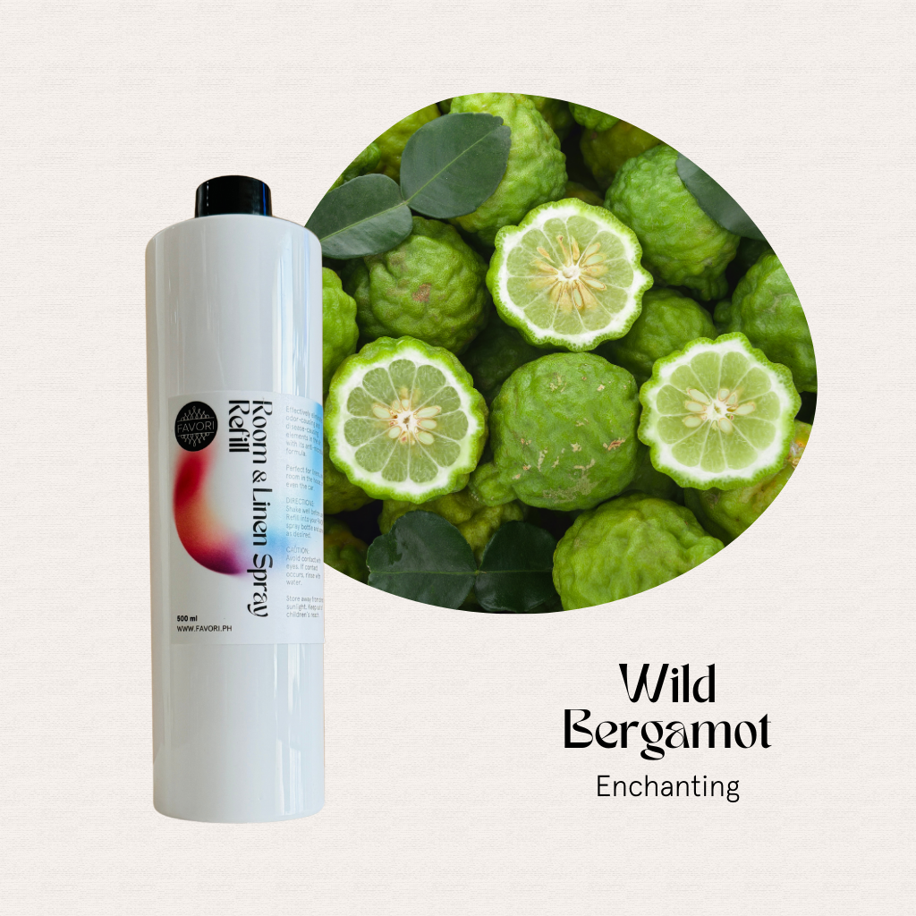 A 500ml FAVORI Scents Air Spray Refill beside fresh bergamot, labeled Wild Bergamot Enchanting.