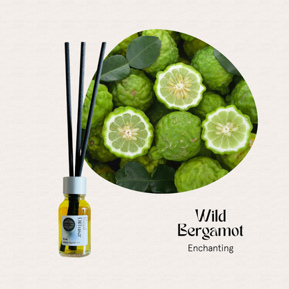 A FAVORI Scents Mini Reed Diffuser, Wild Bergamot scent, with fiber sticks for an enchanting aroma.