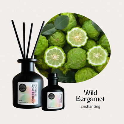 Two FAVORI Scents Wild Bergamot Premium Reed Diffusers beside wild bergamot fruits on a light background.