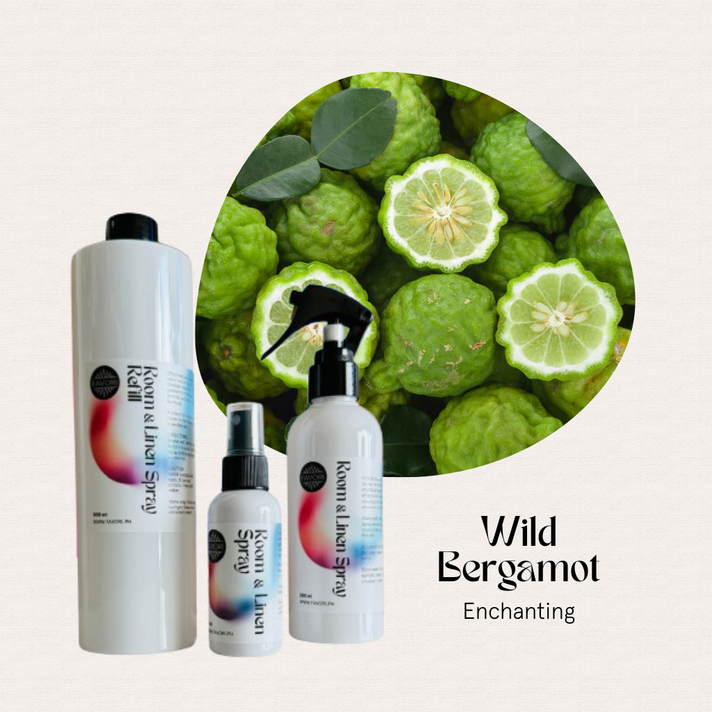 Four FAVORI Scents Trio Air Sprays with Wild Bergamot scent and anti-microbial air freshener benefits.