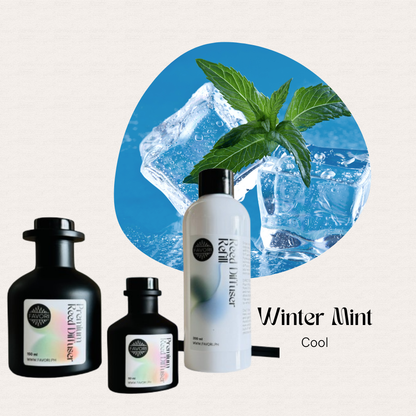 Three FAVORI Scents Winter Mint Trio diffusers with mint leaves and ice, text reads Winter Mint Cool.
