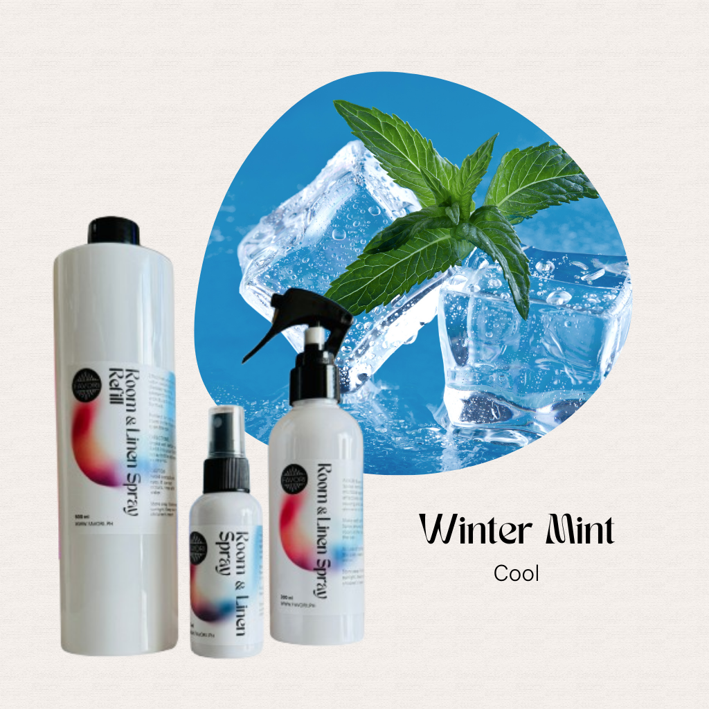 Three FAVORI Scents Trio Air Spray bottles with mint leaves and ice, perfect for odor removal.