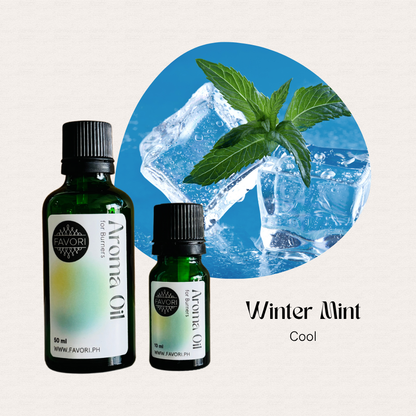 Two bottles FAVORI Scents Burner Aroma Oils, Winter Mint Cool scent with mint leaves and ice cubes.