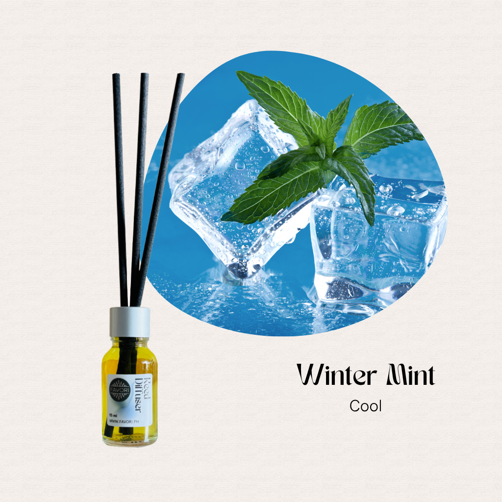 A FAVORI Scents Mini Reed Diffuser with black reeds sits beside ice cubes and mint leaves.