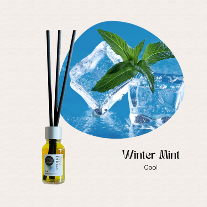 A FAVORI Scents Mini Reed Diffuser with black reeds sits beside ice cubes and mint leaves.