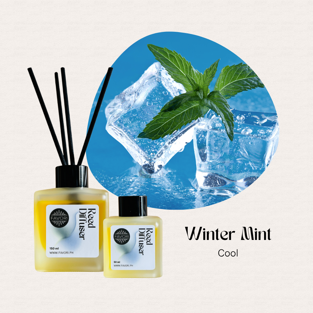 Two FAVORI Scents Winter Mint Regular Reed Diffusers are placed before ice cubes and mint leaves.