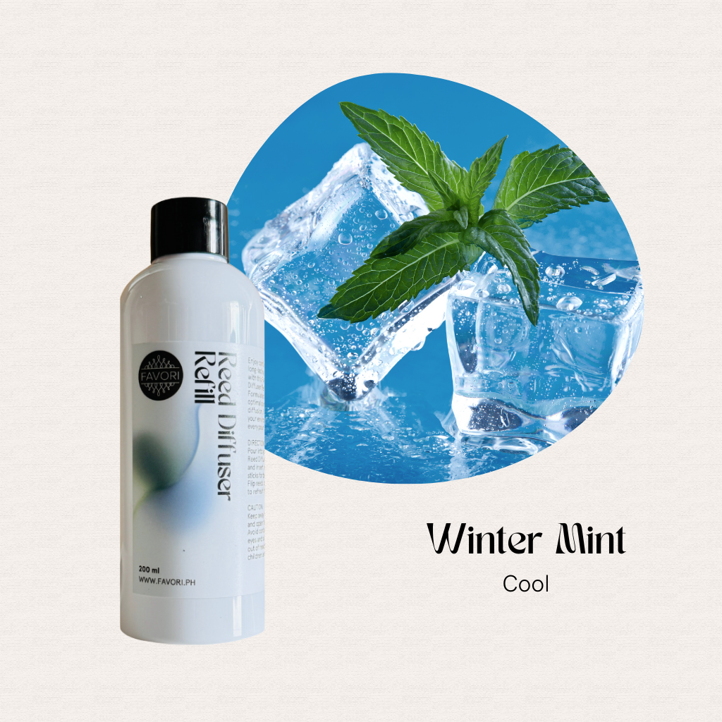 A bottle of FAVORI Scents Winter Mint Reed Diffuser Refill beside mint and ice; long-lasting aroma.