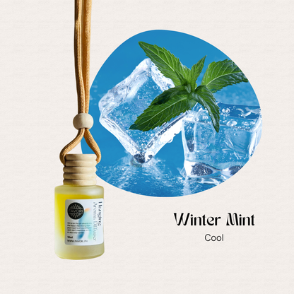 A FAVORI Scents Hanging Aroma Diffuser (HAD) in Winter Mint hangs beside mint leaves and ice cubes on blue.