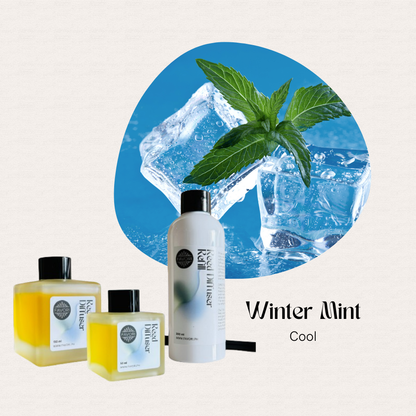 Mint leaves on ice cubes with FAVORI Scents Winter Mint Trio Reed Diffuser for a refreshing, cool aroma.