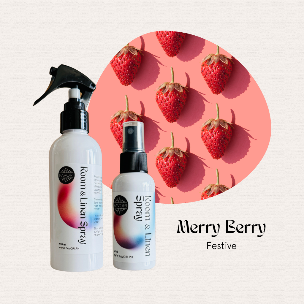 Two FAVORI Scents Regular Room & Linen Air Sprays—Merry Berry Festive, a perfect mood enhancer.