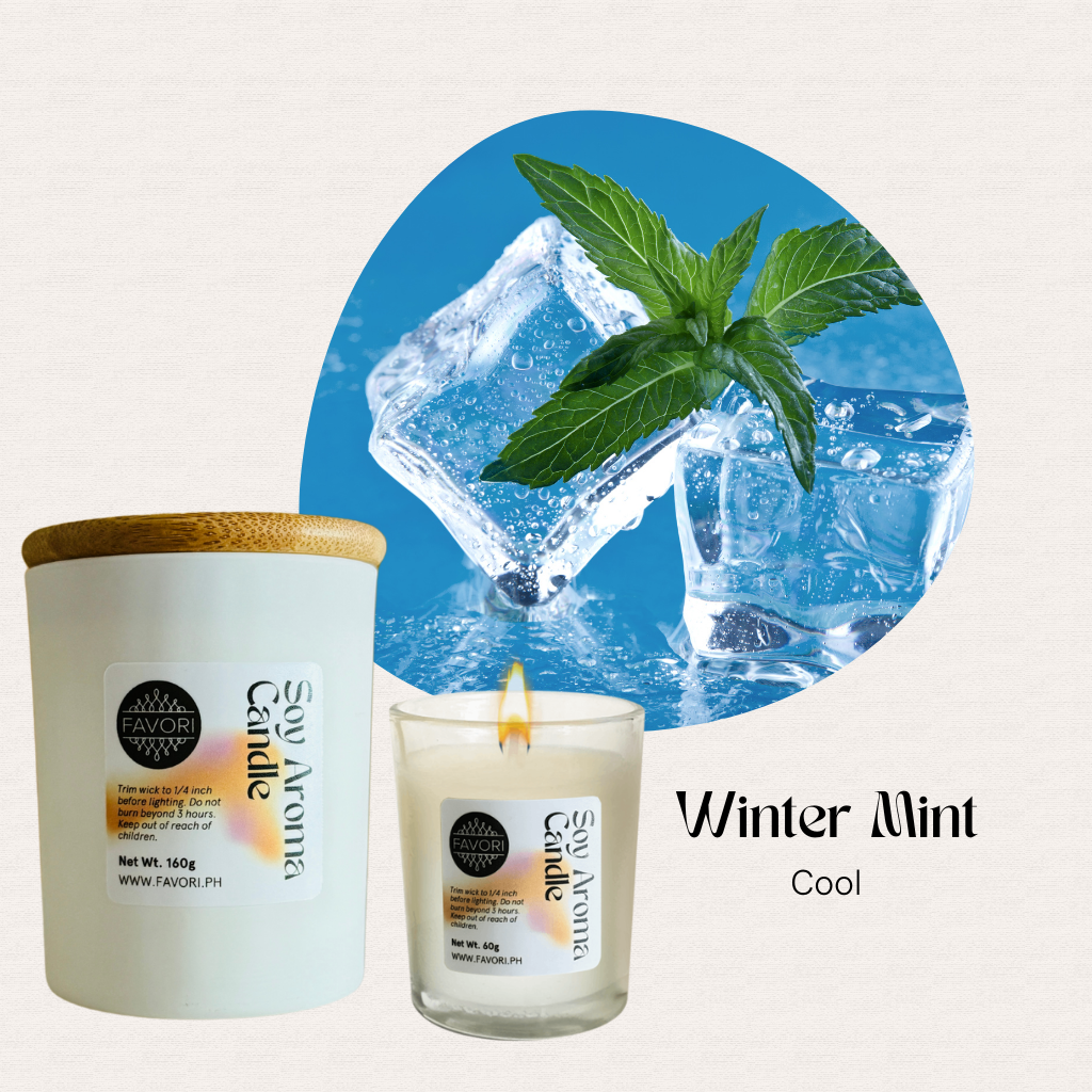 A mint leaf on ice behind a FAVORI Scents All Occasion candle made from premium soy wax.