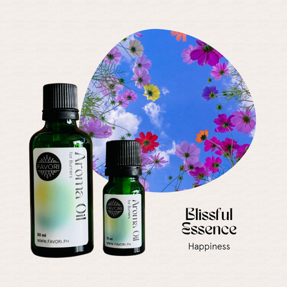 Two green bottles of FAVORI Scents Burner Aroma Oils beside a sky and wildflower collage; Blissful Essence, Happiness.