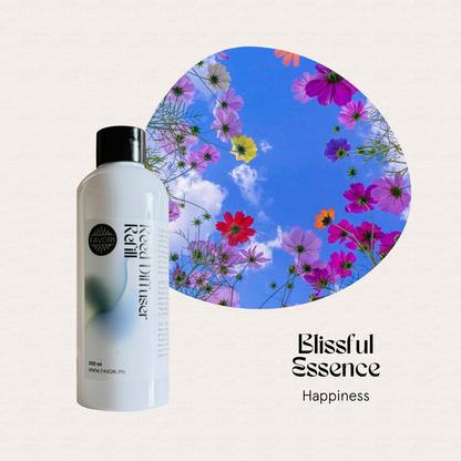 FAVORI Scents Blissful Essence Reed Diffuser Refill (RDR) beside vibrant flowers evokes hotel-like happiness.