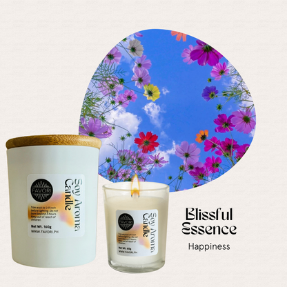 FAVORI Scents All Occasion soy candle with wood lid, blooming flowers, blue sky, and Happiness text.