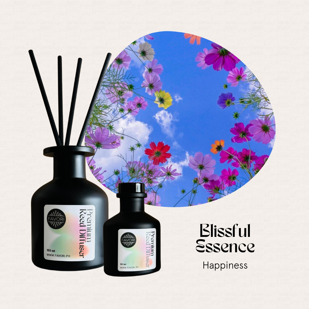 Two black Blissful Essence reed diffusers by FAVORI Scents—premium, long-lasting aroma with floral notes.