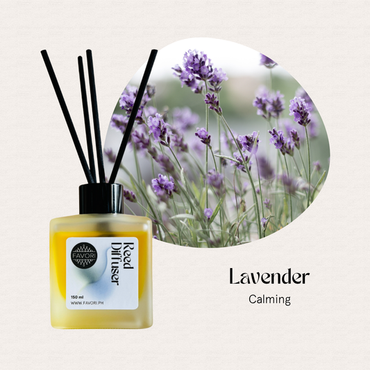 FAVORI Scents Lavender Regular Reed Diffuser (RRD) with lavender flowers on a light background.