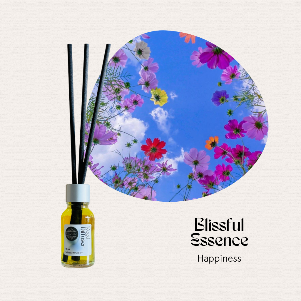 FAVORI Scents Mini Reed Diffusers (MRD) with label, fiber reeds, flowers, sky—Blissful Essence Happiness.