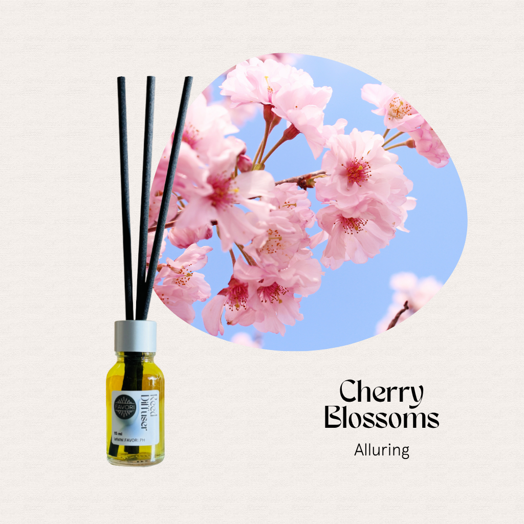 FAVORI Scents Mini Reed Diffusers (MRD) with fiber reeds, Cherry Blossoms Alluring scent and floral photo.